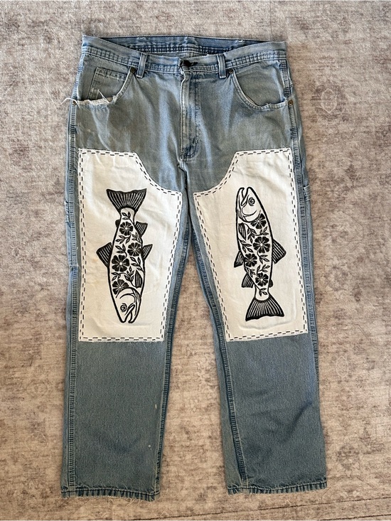 Denim - Upcycled Fish Block Print Double Knee Vintage Jeans